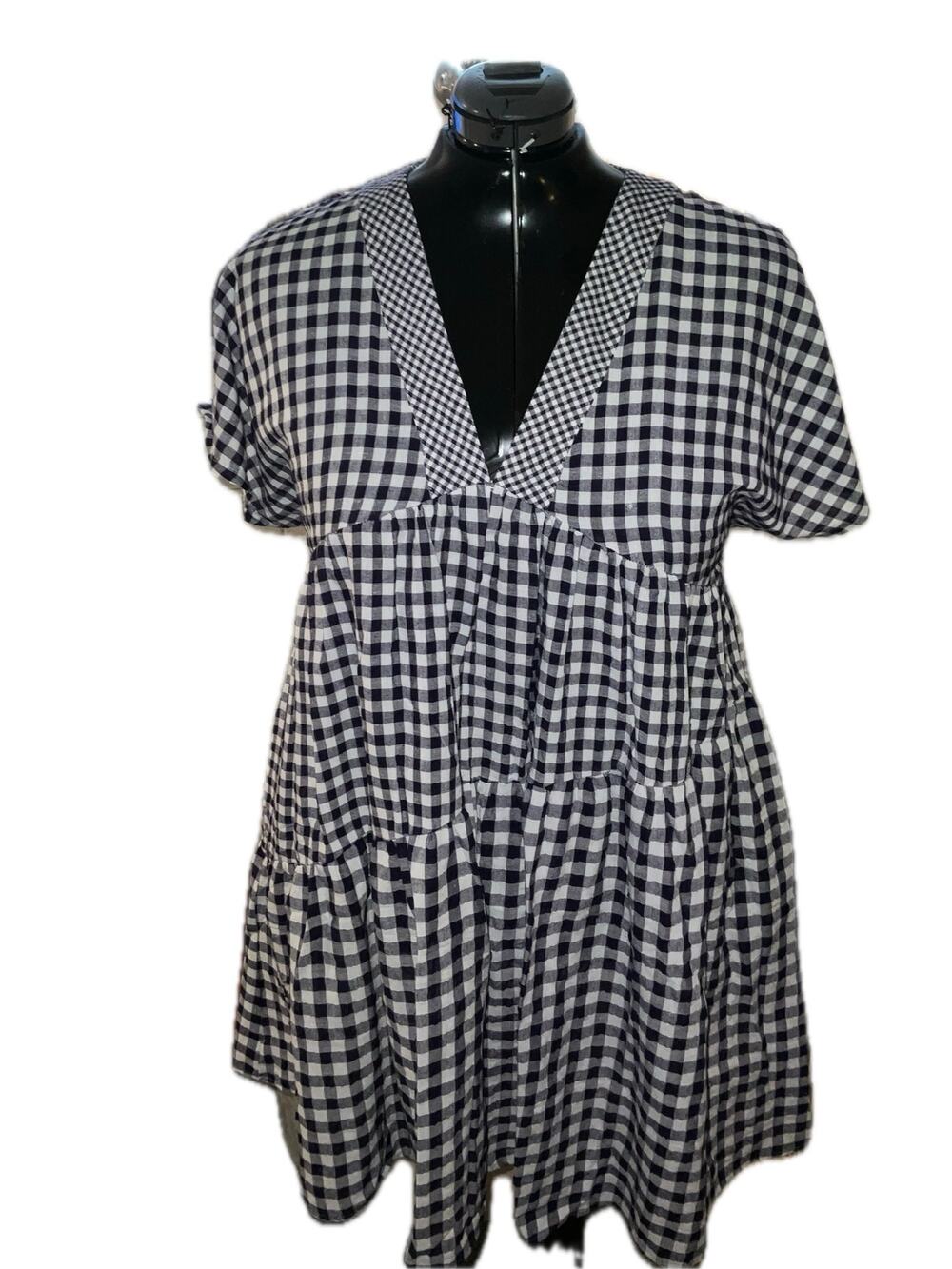 Anthropologie 11.1 Tylho Navy Gingham Tiered Swing Dress V-Neck XS NWT